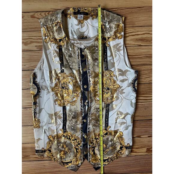 Ceta Dolce Vintage 80s Mens Polo Brocade Silk Metallic Tie Back Button Up Vest L - Picture 8 of 11
